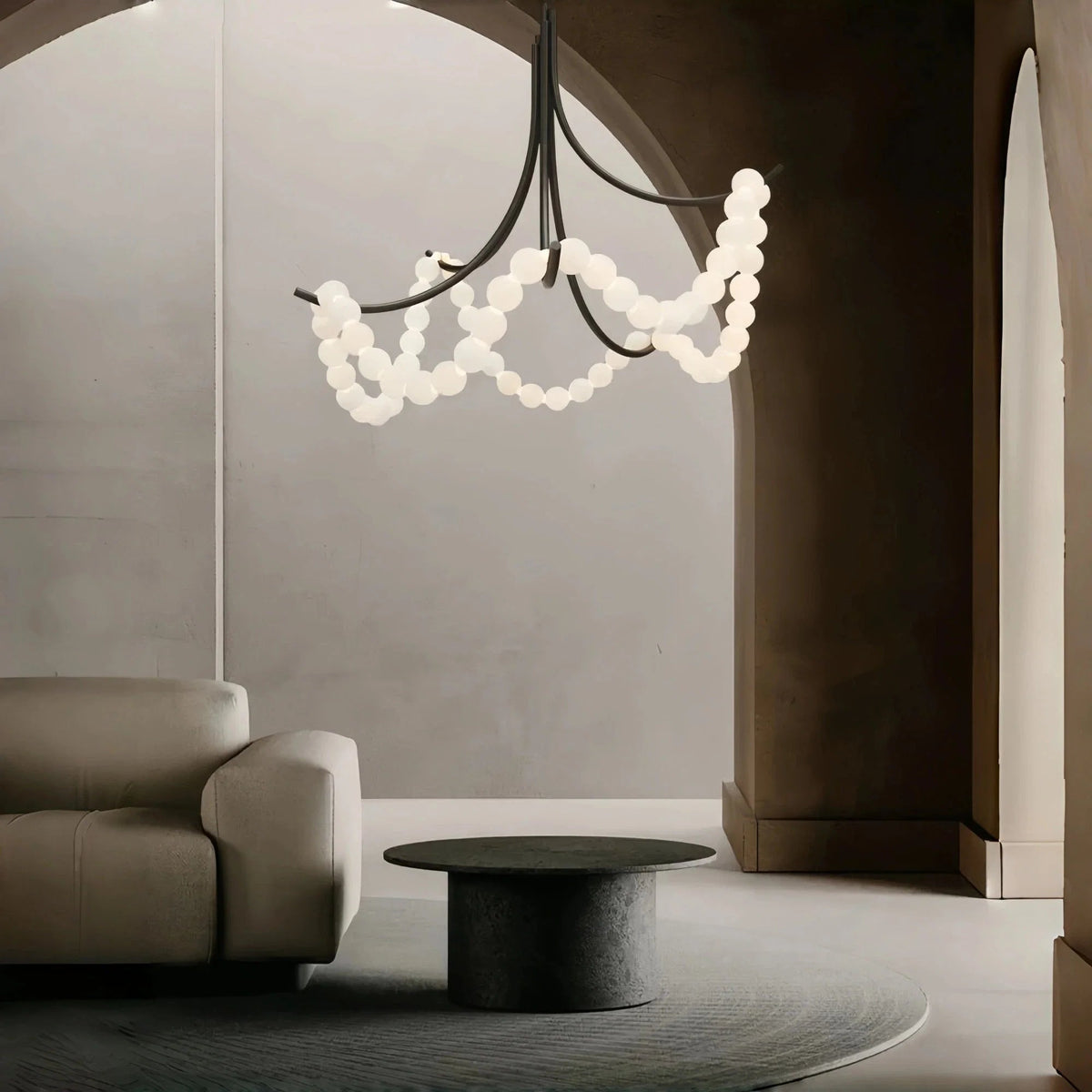 Cluster String Pearl Alabaster Chandelier in Brass & Black Metal Rod - Zelno Lighting