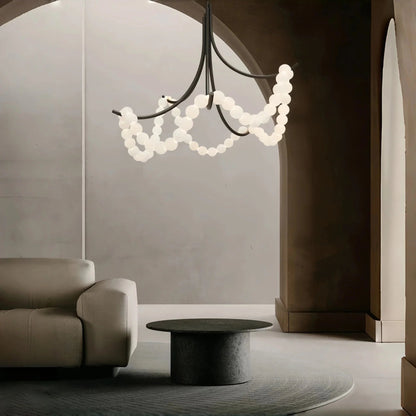 Cluster String Pearl Alabaster Chandelier in Brass & Black Metal Rod - Zelno Lighting