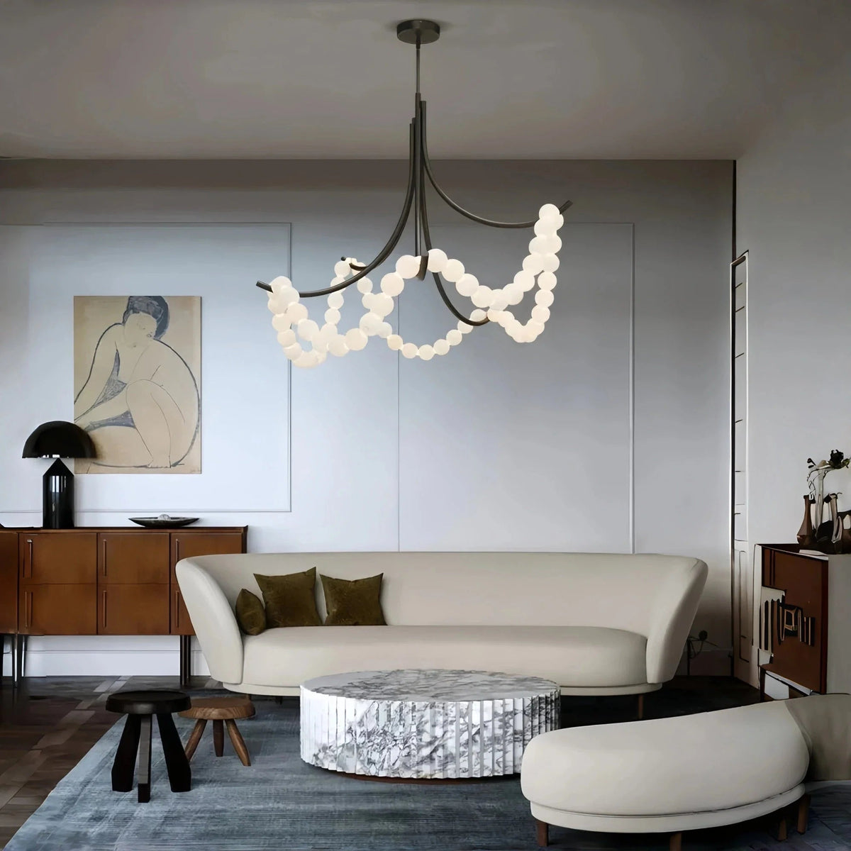 Cluster String Pearl Alabaster Chandelier in Brass & Black Metal Rod - Zelno Lighting