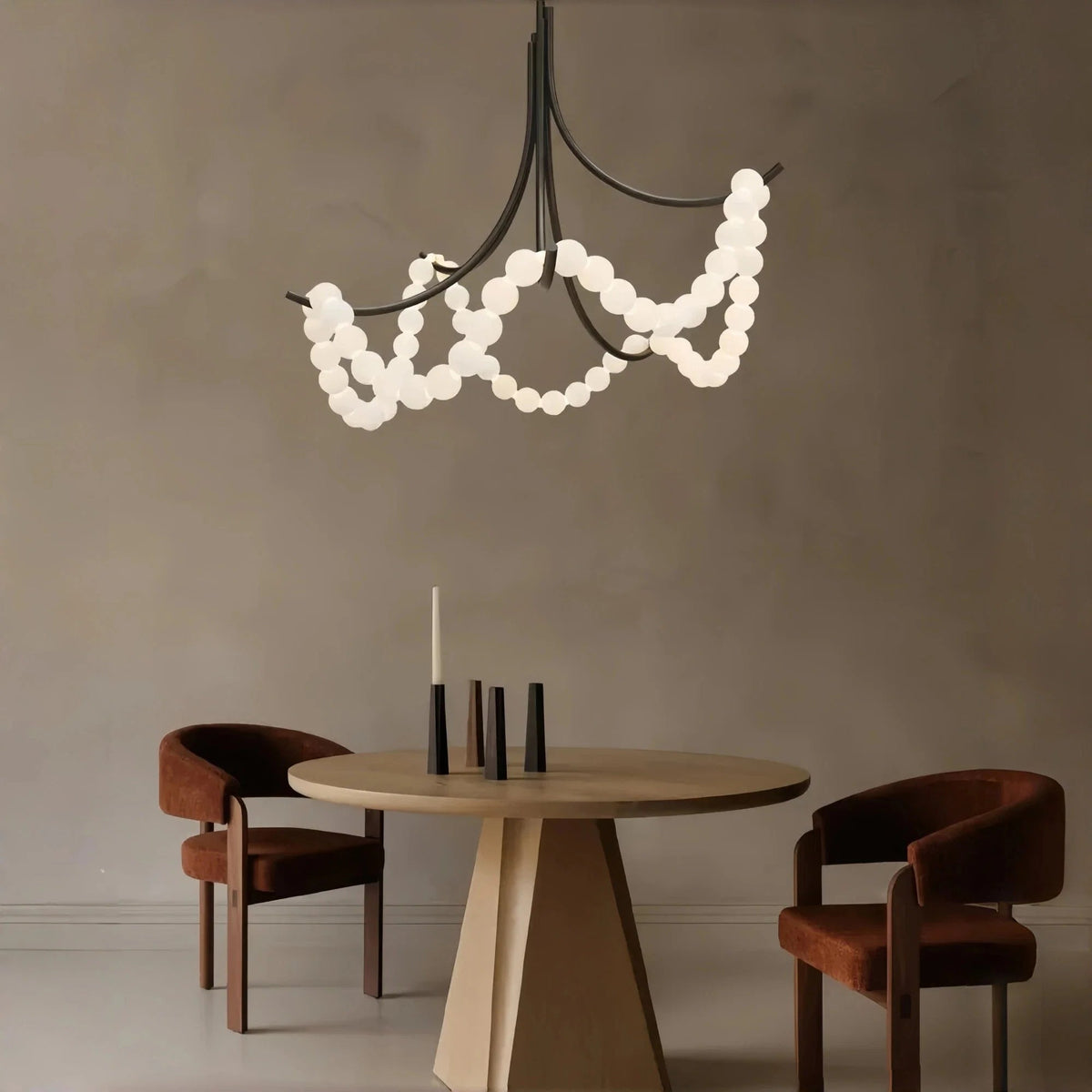 Cluster String Pearl Alabaster Chandelier in Brass & Black Metal Rod - Zelno Lighting