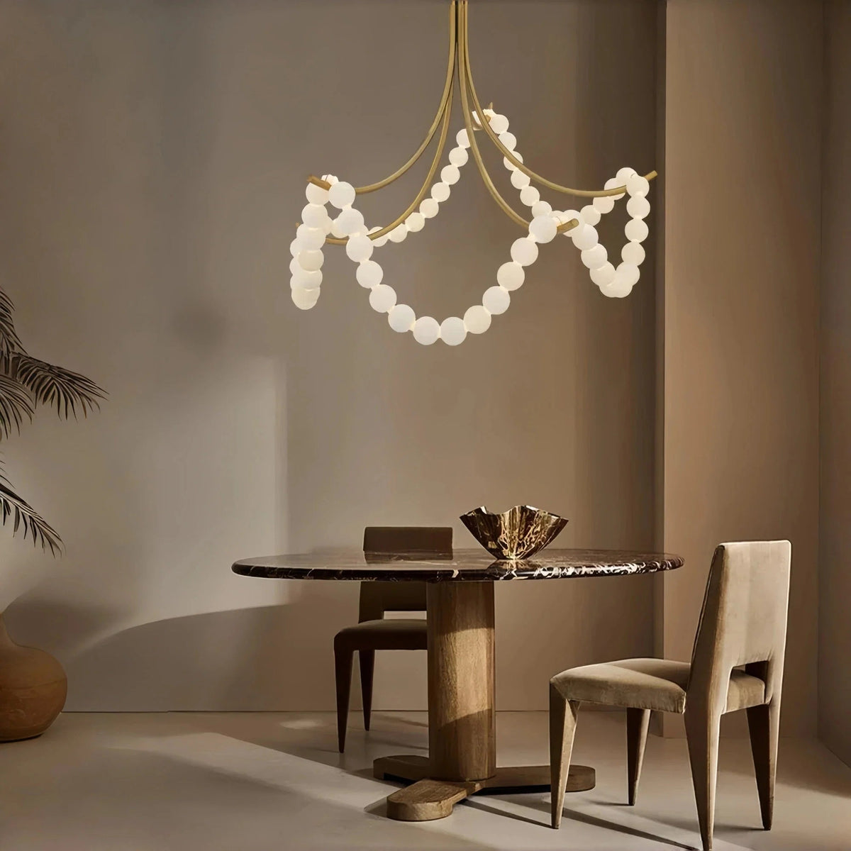 Cluster String Pearl Alabaster Chandelier in Brass & Black Metal Rod - Zelno Lighting