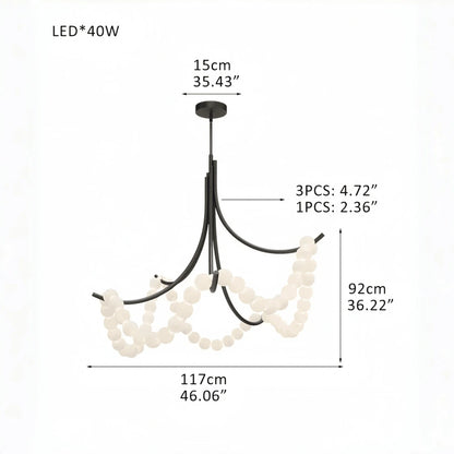 Cluster String Pearl Alabaster Chandelier in Brass & Black Metal Rod - Zelno Lighting