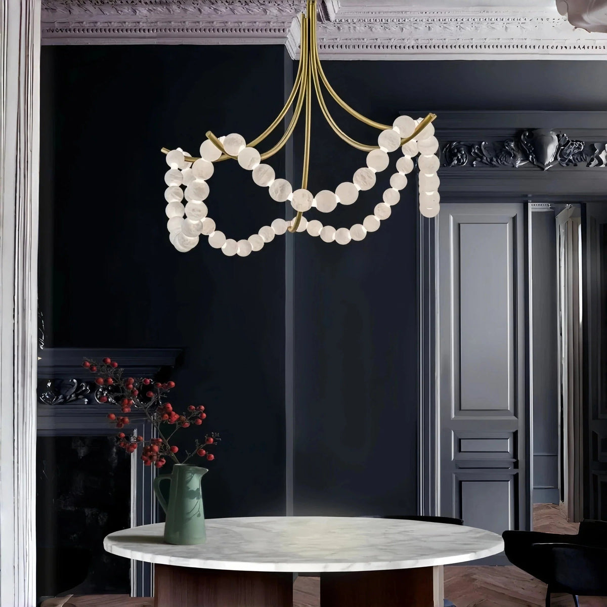 Cluster String Pearl Alabaster Chandelier in Brass & Black Metal Rod - Zelno Lighting