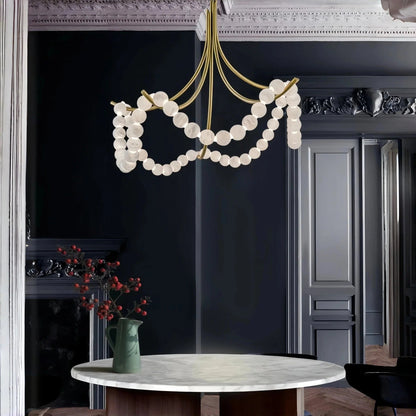 Cluster String Pearl Alabaster Chandelier in Brass & Black Metal Rod - Zelno Lighting