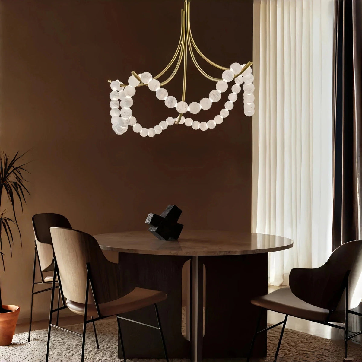 Cluster String Pearl Alabaster Chandelier in Brass & Black Metal Rod - Zelno Lighting