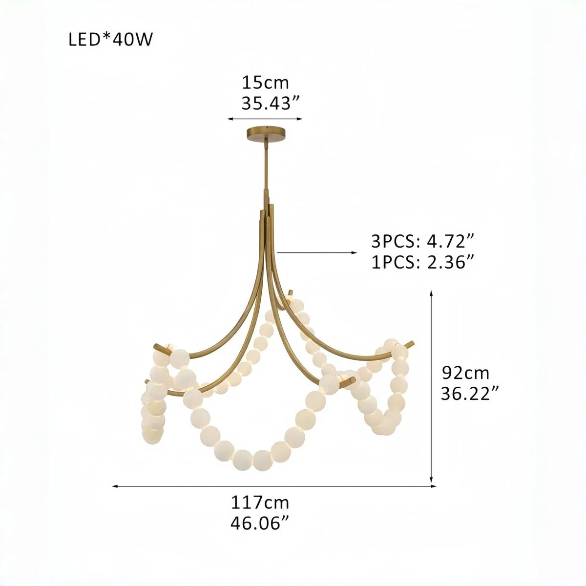 Cluster String Pearl Alabaster Chandelier in Brass & Black Metal Rod - Zelno Lighting