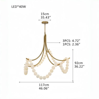 Cluster String Pearl Alabaster Chandelier in Brass & Black Metal Rod - Zelno Lighting
