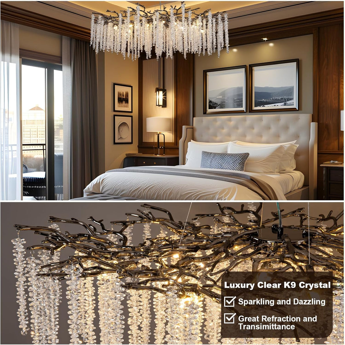 Crystal Chandelier for Dining Room – Modern Black Round Tree Branch Design - Zelno Lighting