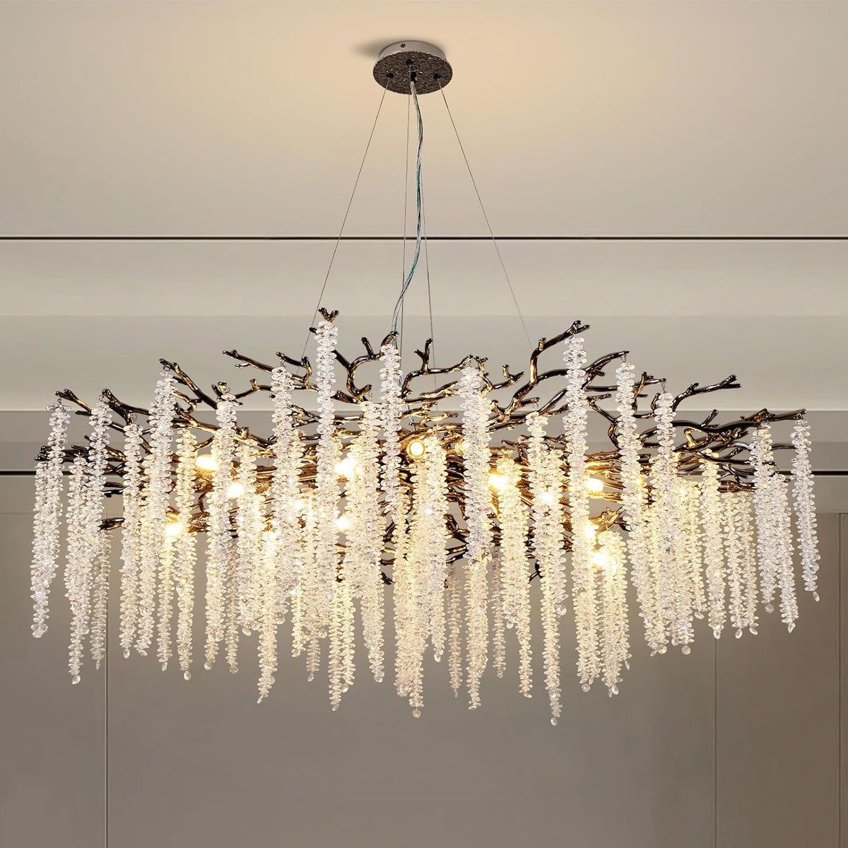 Crystal Chandelier for Dining Room – Modern Black Round Tree Branch Design - Zelno Lighting