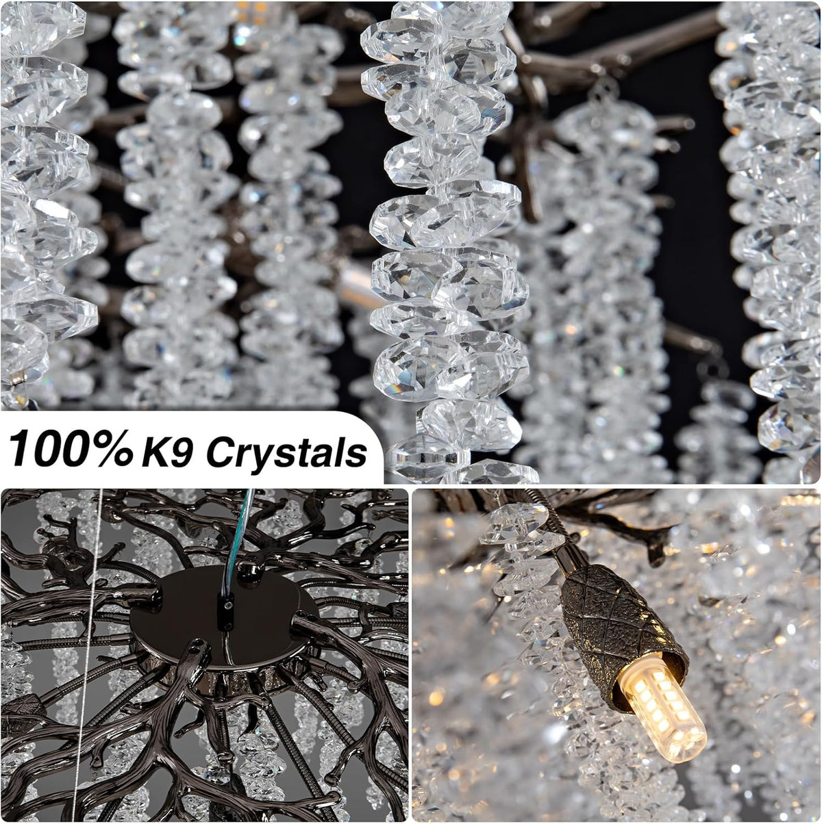 Crystal Chandelier for Dining Room – Modern Black Round Tree Branch Design - Zelno Lighting