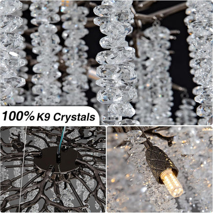 Crystal Chandelier for Dining Room – Modern Black Round Tree Branch Design - Zelno Lighting