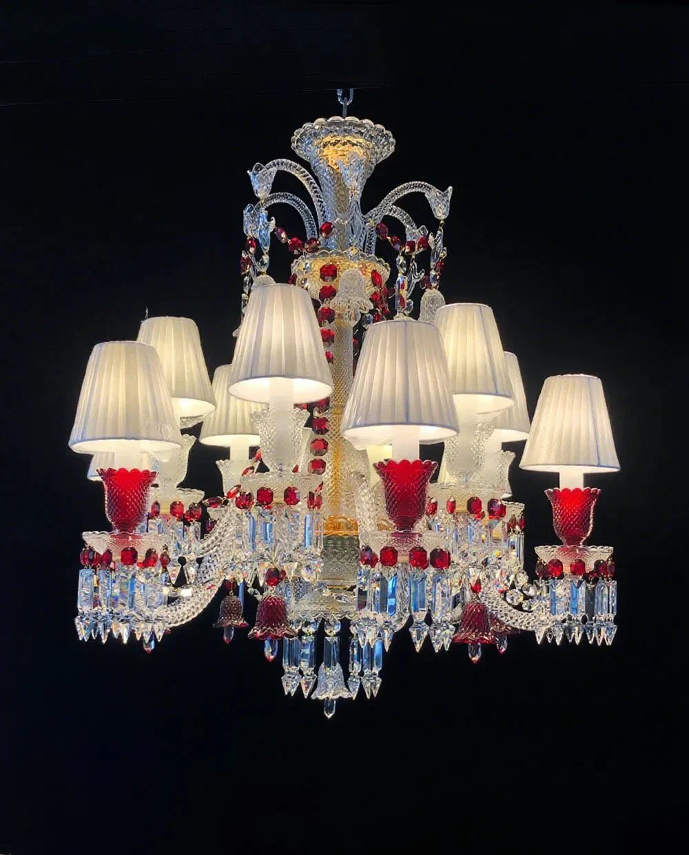 Custom Made Lustre 12 Lights Clear & Red Crystal Chandelier in Gold - Zelno