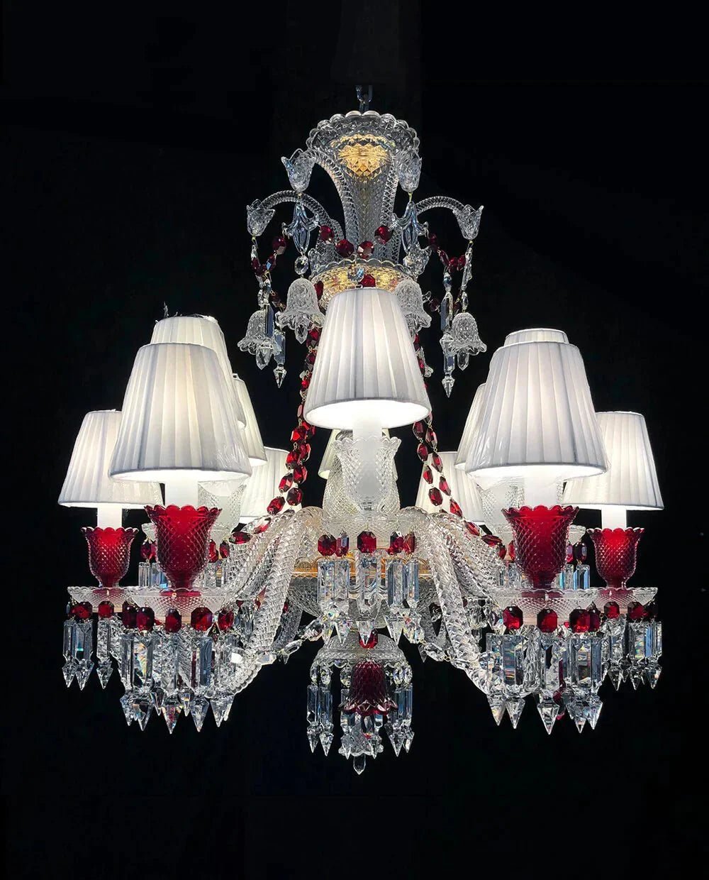 Custom Made Lustre 12 Lights Clear & Red Crystal Chandelier in Gold - Zelno