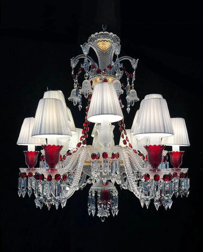 Custom Made Lustre 12 Lights Clear & Red Crystal Chandelier in Gold - Zelno