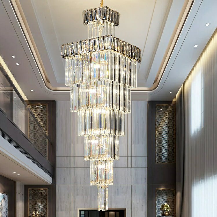 Decorative Large Vertical Crystal Staircase Chandelier Foyer Ceiling Light Fixture Lamp In Gray/ Amber Brim - Zelno Lighting