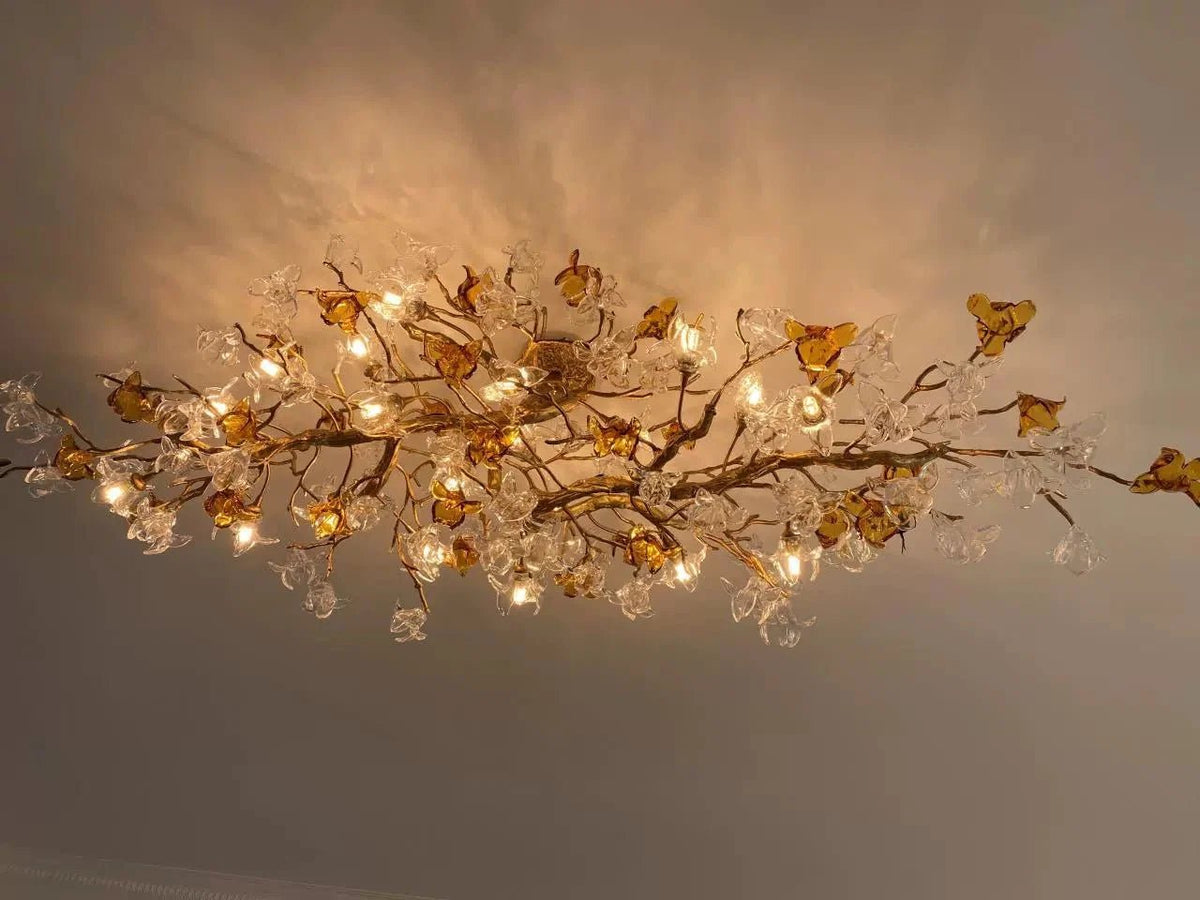 Designer Favorite Brass Branch Chandelier with Artistic Flower Glass for Dining Room Living Room and Kitchen Island - Zelno Lighting