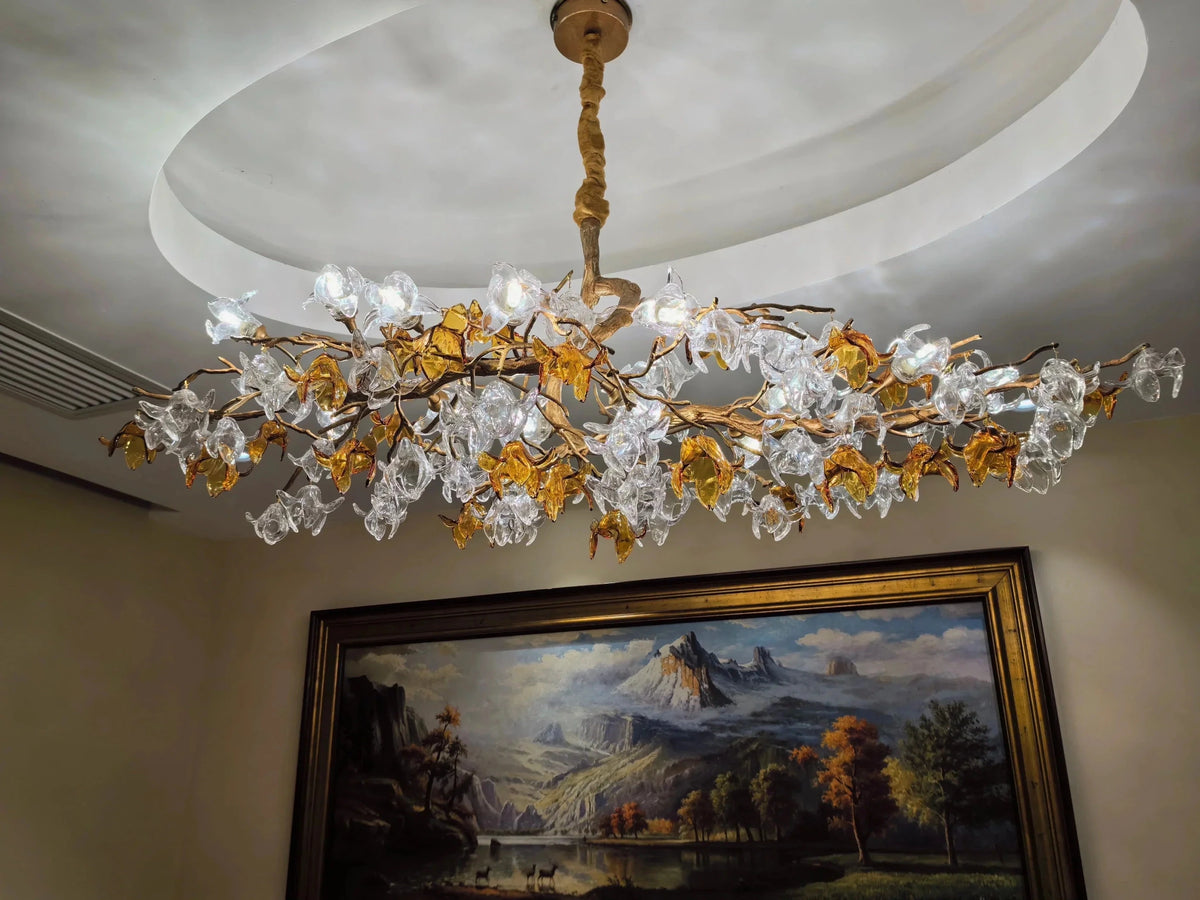 Designer Favorite Brass Branch Chandelier with Artistic Flower Glass for Dining Room Living Room and Kitchen Island - Zelno Lighting