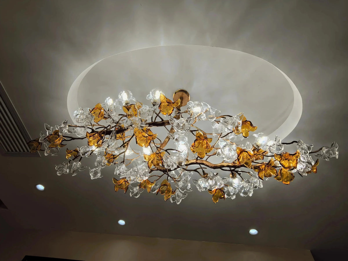 Designer Favorite Brass Branch Chandelier with Artistic Flower Glass for Dining Room Living Room and Kitchen Island - Zelno Lighting