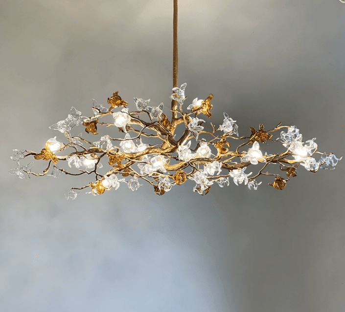 Designer Favorite Brass Branch Chandelier with Artistic Flower Glass for Dining Room Living Room and Kitchen Island - Zelno Lighting