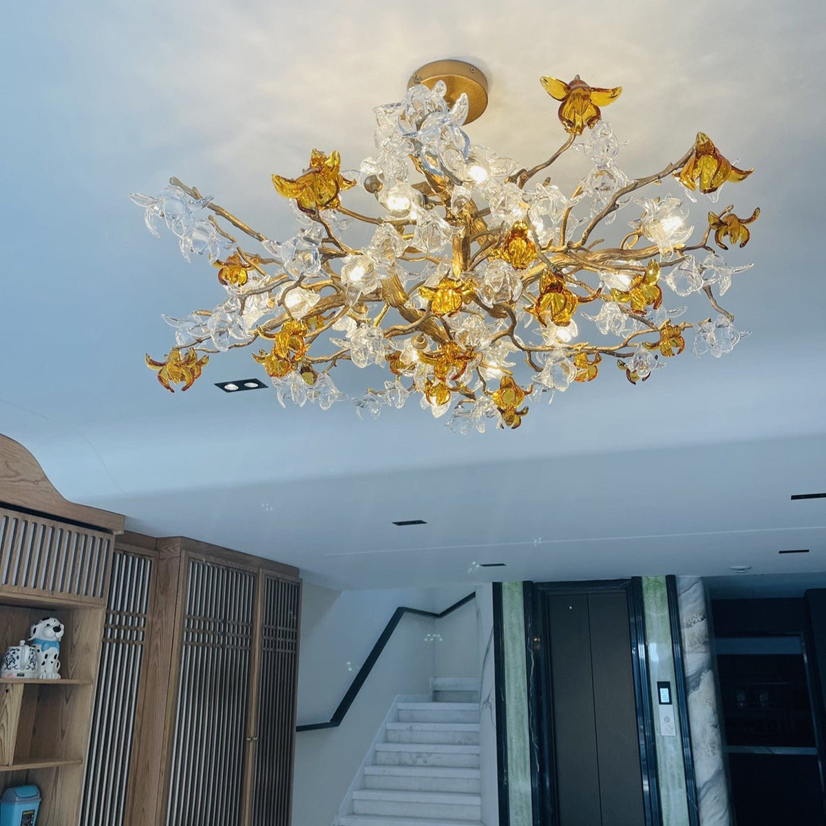 Designer Favorite Brass Branch Chandelier with Artistic Flower Glass for Dining Room Living Room and Kitchen Island - Zelno Lighting