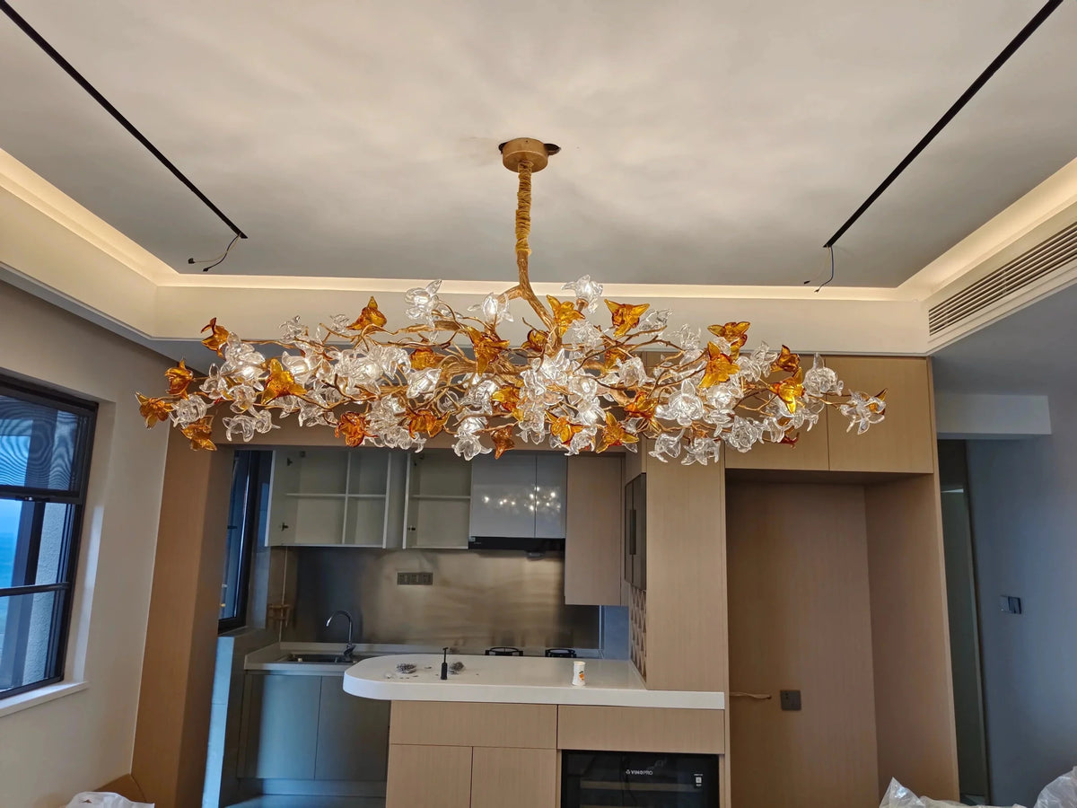 Designer Favorite Brass Branch Chandelier with Artistic Flower Glass for Dining Room Living Room and Kitchen Island - Zelno Lighting