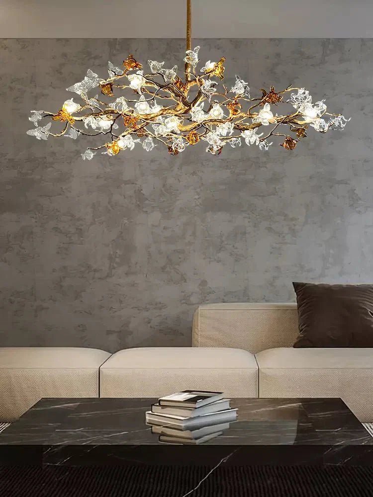 Designer Favorite Brass Branch Chandelier with Artistic Flower Glass for Dining Room Living Room and Kitchen Island - Zelno Lighting