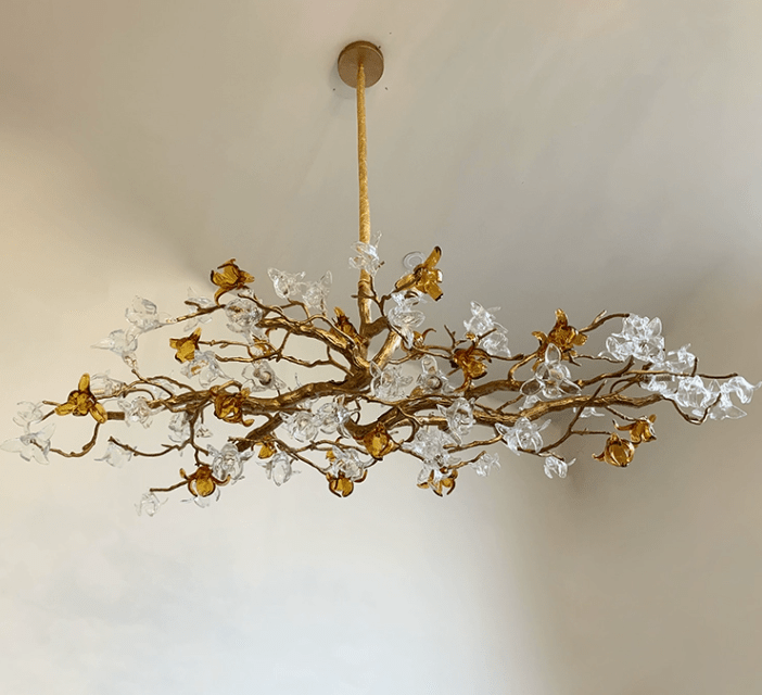 Designer Favorite Brass Branch Chandelier with Artistic Flower Glass for Dining Room Living Room and Kitchen Island - Zelno Lighting