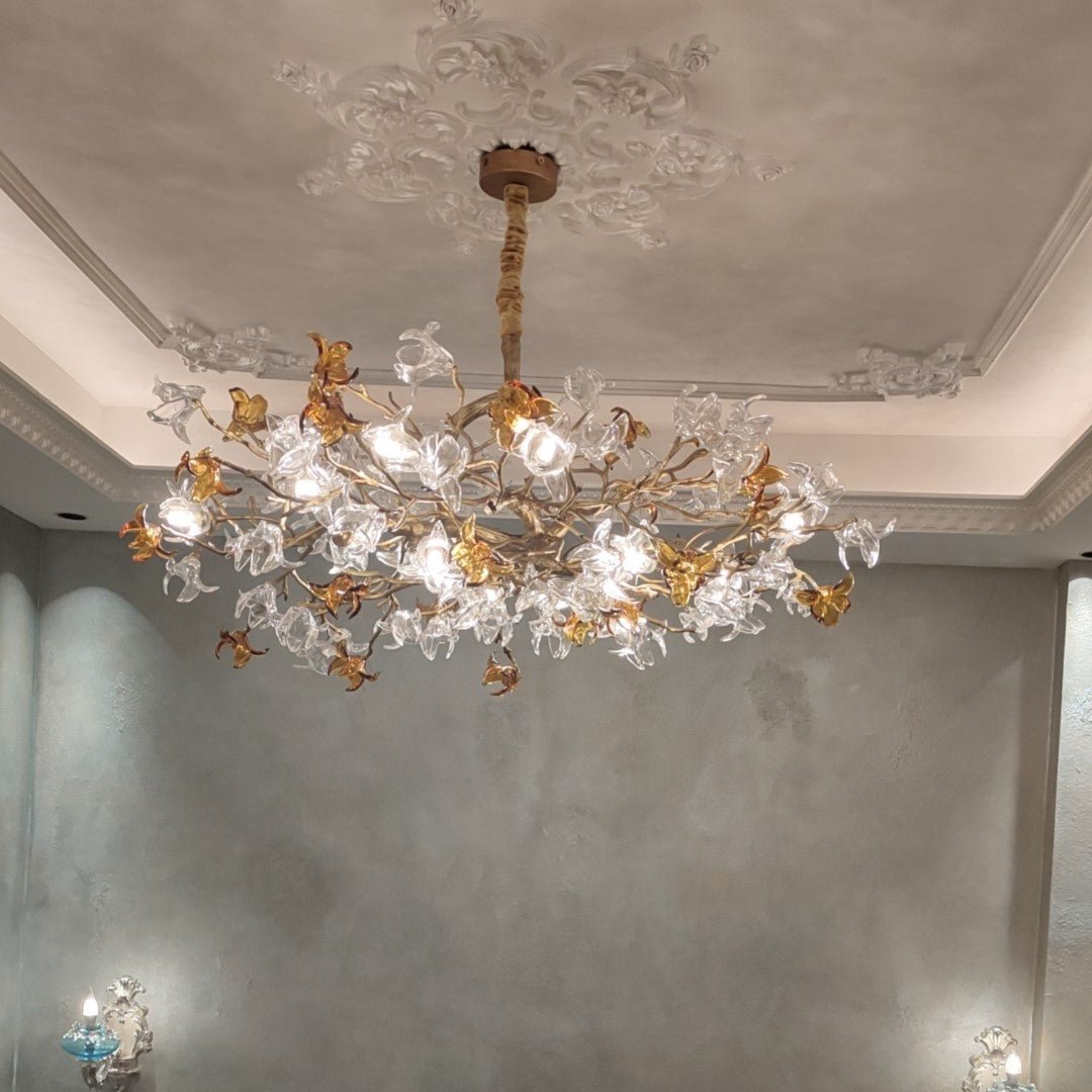 Designer Favorite Brass Branch Chandelier with Artistic Flower Glass for Dining Room Living Room and Kitchen Island - Zelno Lighting