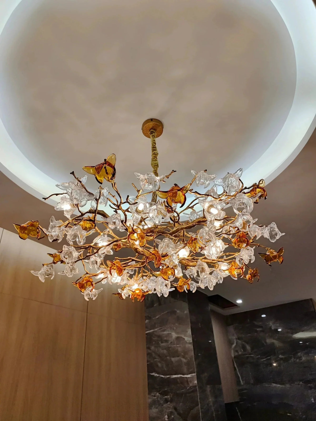 Designer Favorite Brass Branch Chandelier with Artistic Flower Glass for Dining Room Living Room and Kitchen Island - Zelno Lighting