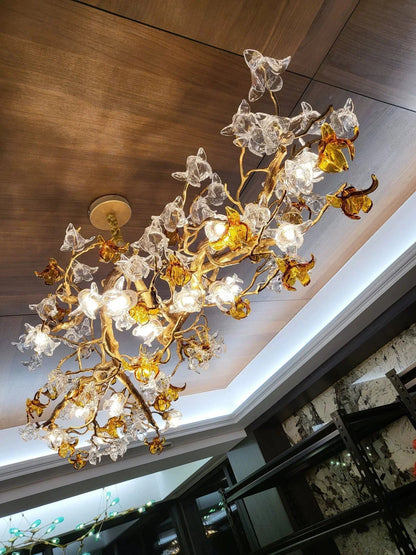 Designer Favorite Brass Branch Chandelier with Artistic Flower Glass for Dining Room Living Room and Kitchen Island - Zelno Lighting