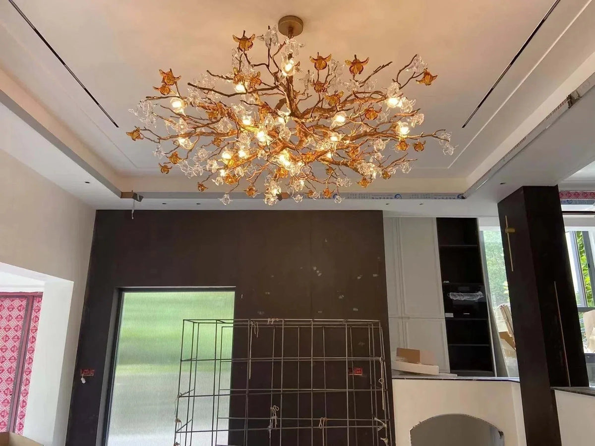 Designer Favorite Brass Branch Chandelier with Artistic Flower Glass for Dining Room Living Room and Kitchen Island - Zelno Lighting