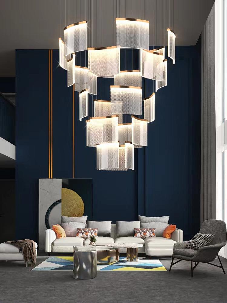 Designer Tile Chandelier For Foyer And High Ceiling Living Room - Zelno Lighting