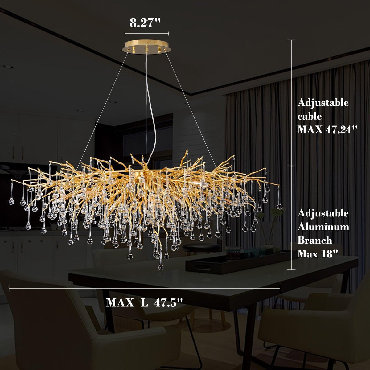 Doris Crystal Rectangular Branch Chandelier L45" - Zelno Lighting