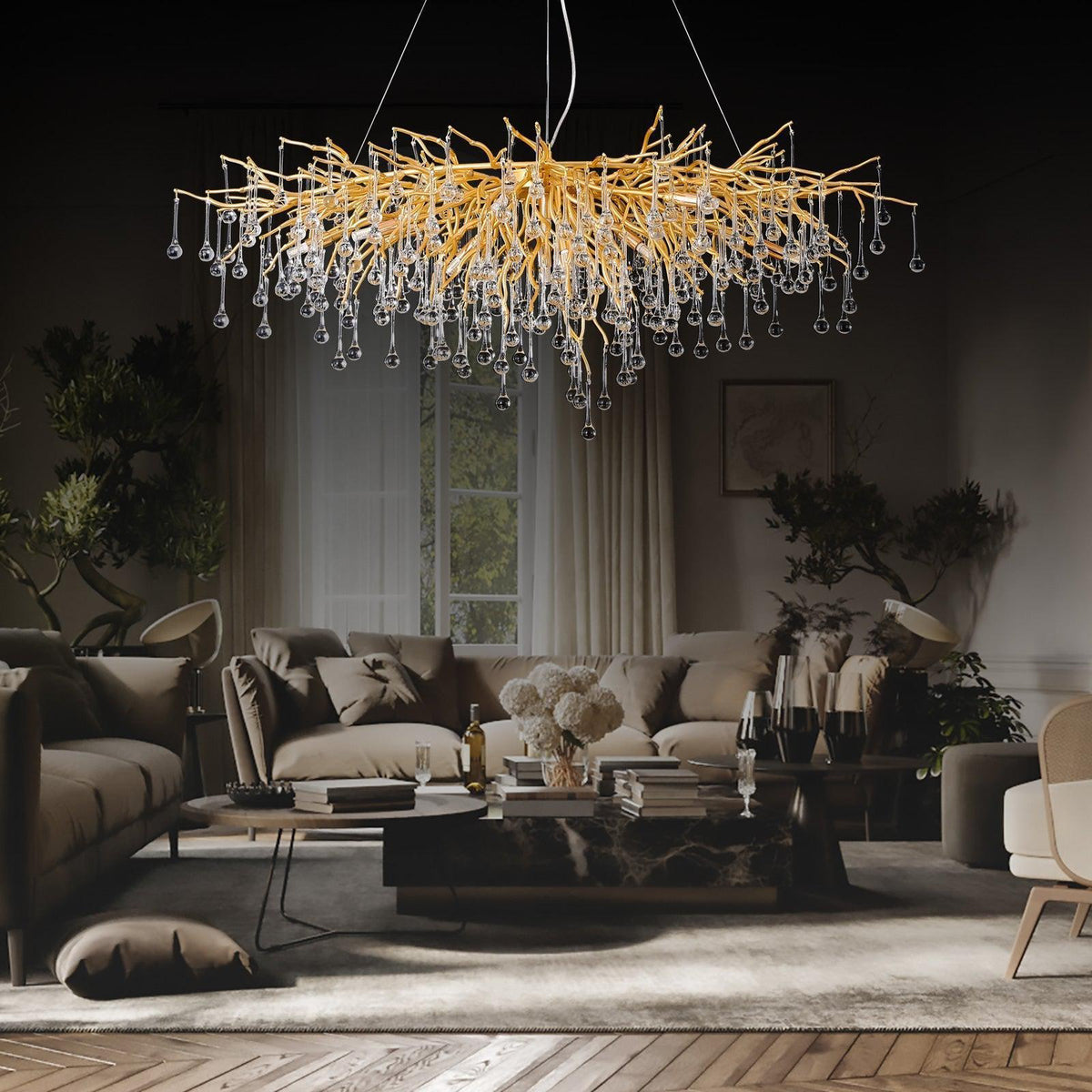 Doris Crystal Rectangular Branch Chandelier L45" - Zelno Lighting