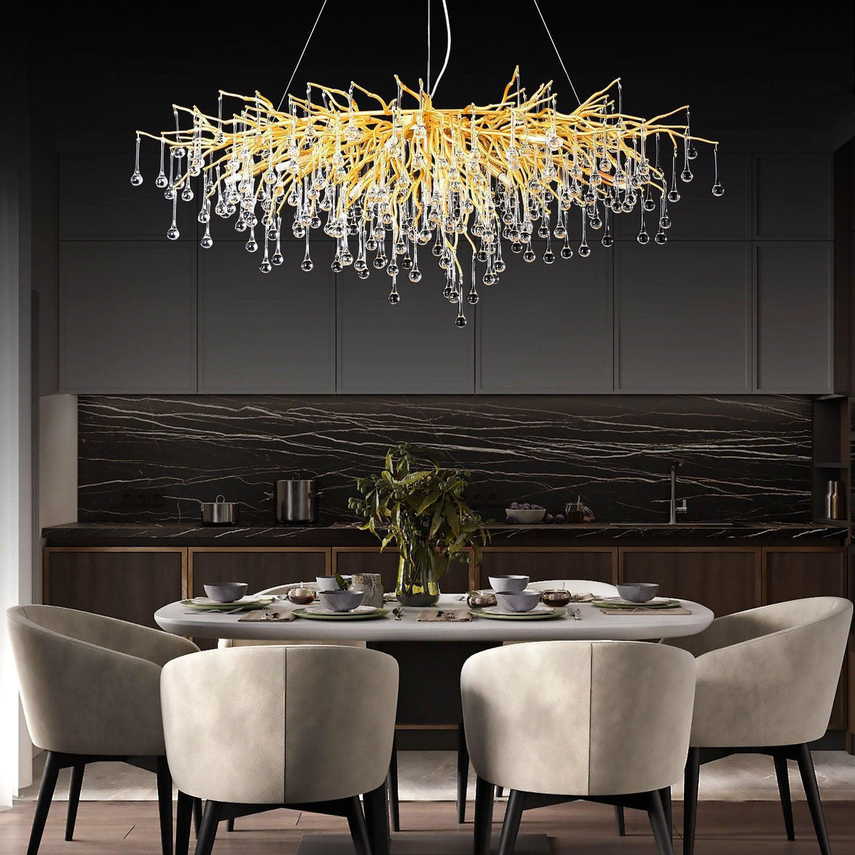 Doris Crystal Rectangular Branch Chandelier L45" - Zelno Lighting