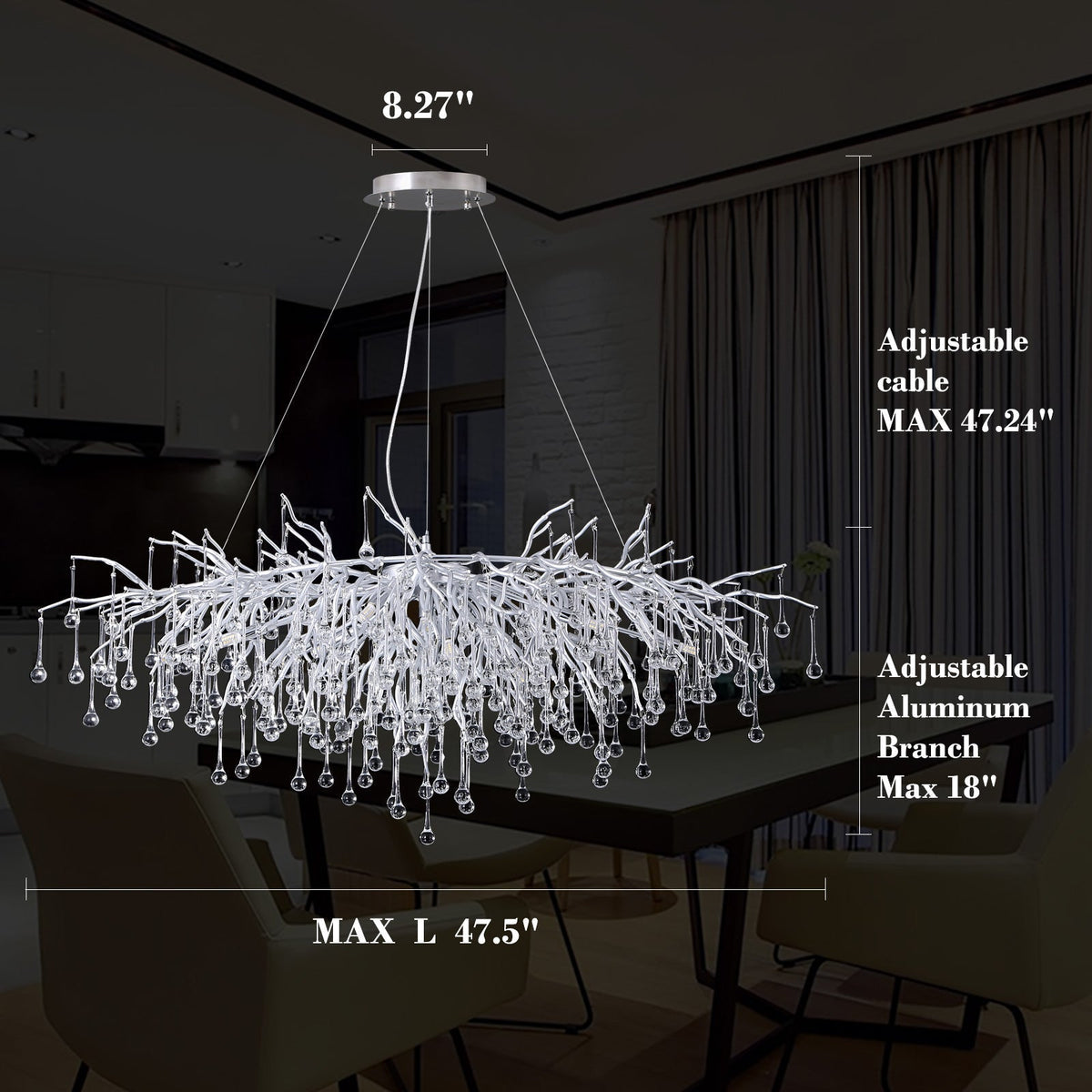 Doris Rectangle Branch Chandelier 45"L Silver - Zelno Lighting