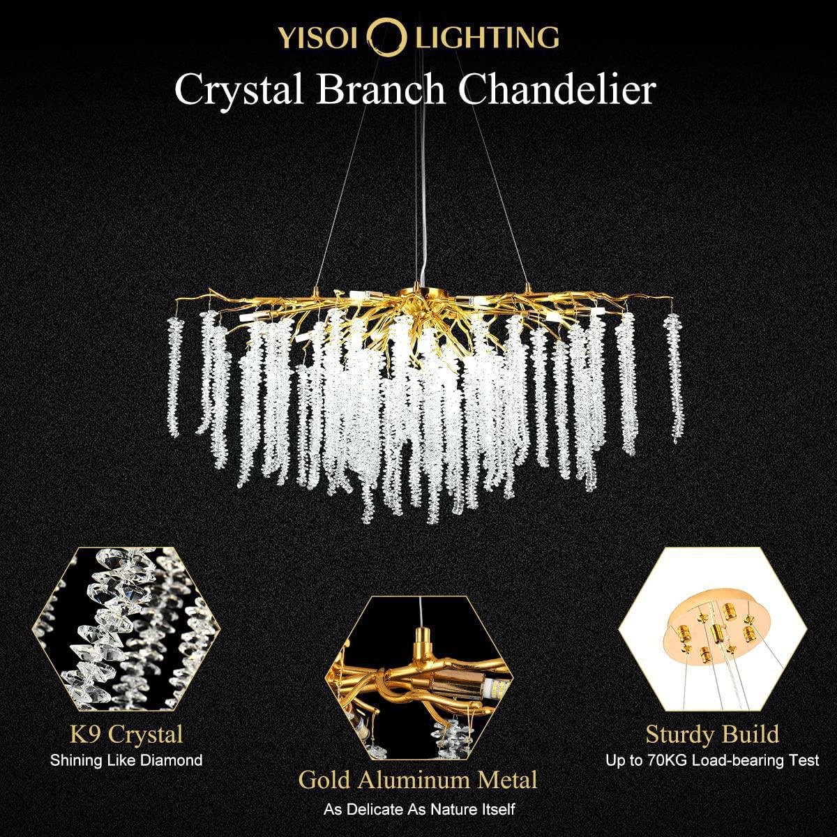 Doris White Crystal Rectangle Branch Chandelier Gold 45"L - Zelno Lighting