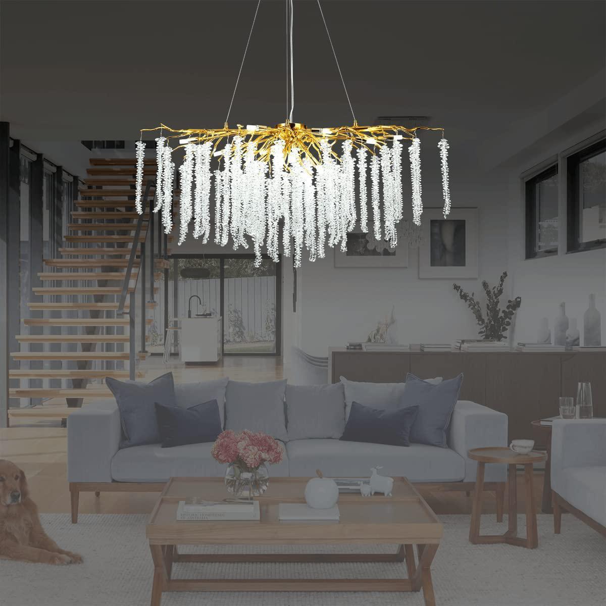 Doris White Crystal Rectangle Branch Chandelier Gold 45"L - Zelno Lighting