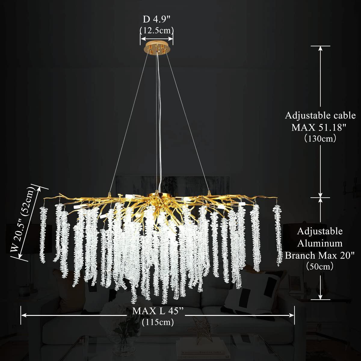 Doris White Crystal Rectangle Branch Chandelier Gold 45"L - Zelno Lighting