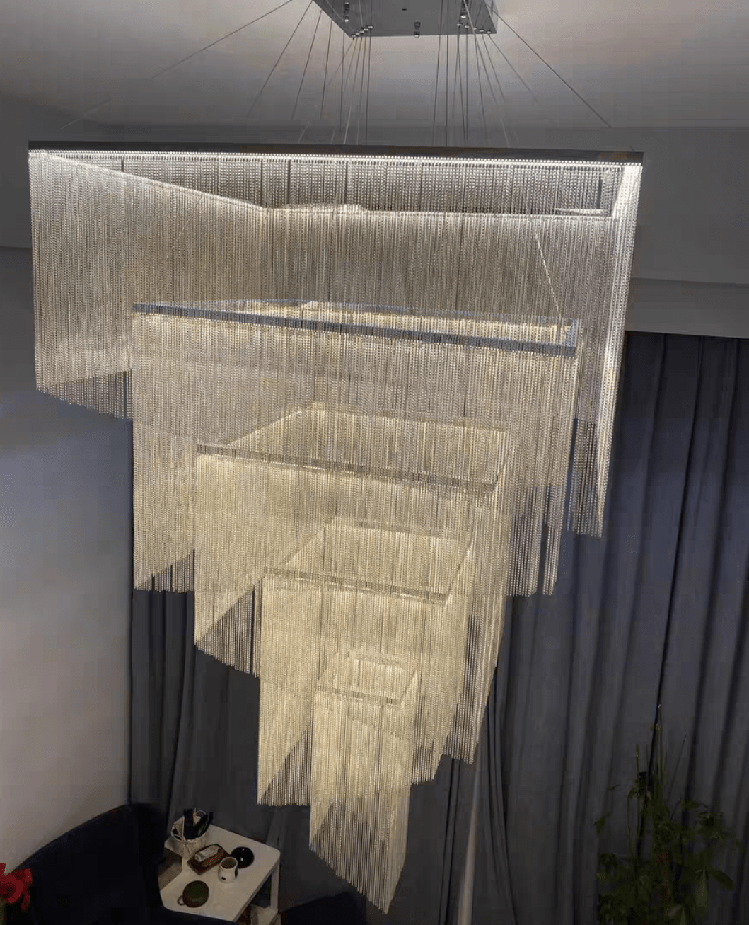 Extra Large Art Multi-tier Aluminum Chain Tassel Chandelier for High-Ceiling Room - Zelno Lighting