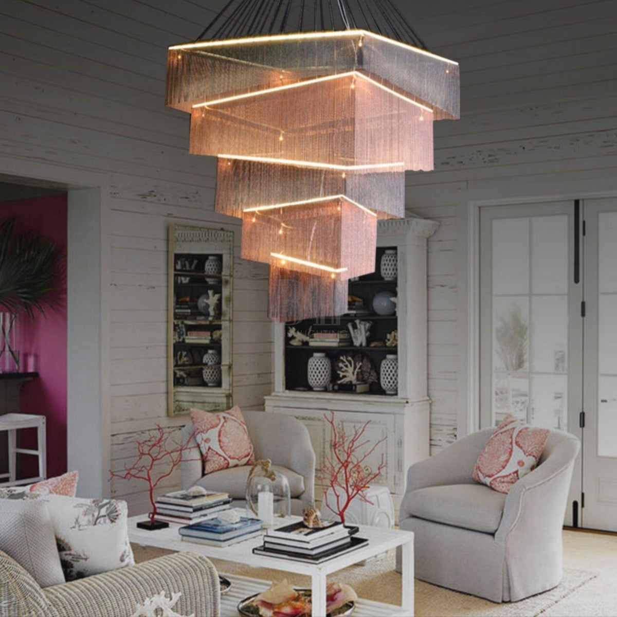 Extra Large Art Multi-tier Aluminum Chain Tassel Chandelier for High-Ceiling Room - Zelno Lighting