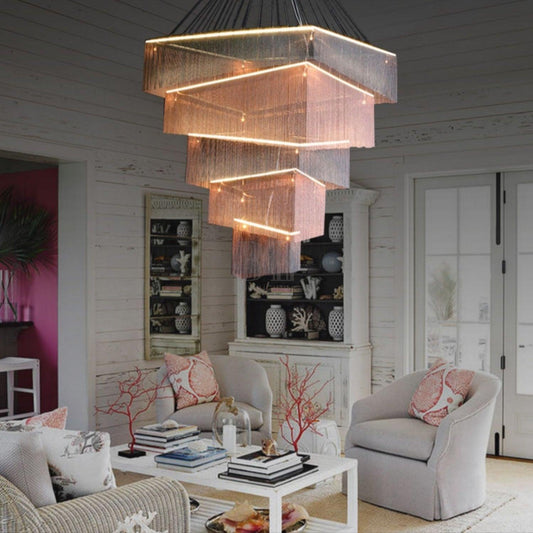 Extra Large Art Multi-tier Aluminum Chain Tassel Chandelier for High-Ceiling Room - Zelno Lighting