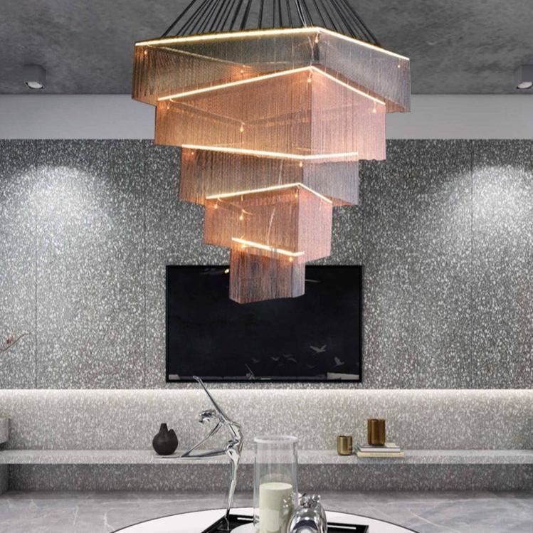 Extra Large Art Multi-tier Aluminum Chain Tassel Chandelier for High-Ceiling Room - Zelno Lighting