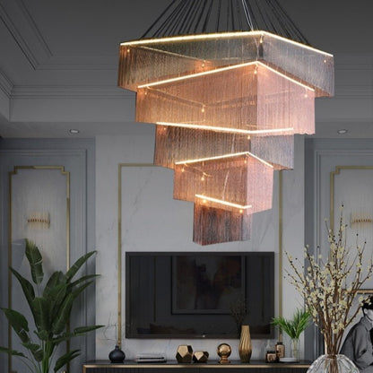 Extra Large Art Multi-tier Aluminum Chain Tassel Chandelier for High-Ceiling Room - Zelno Lighting