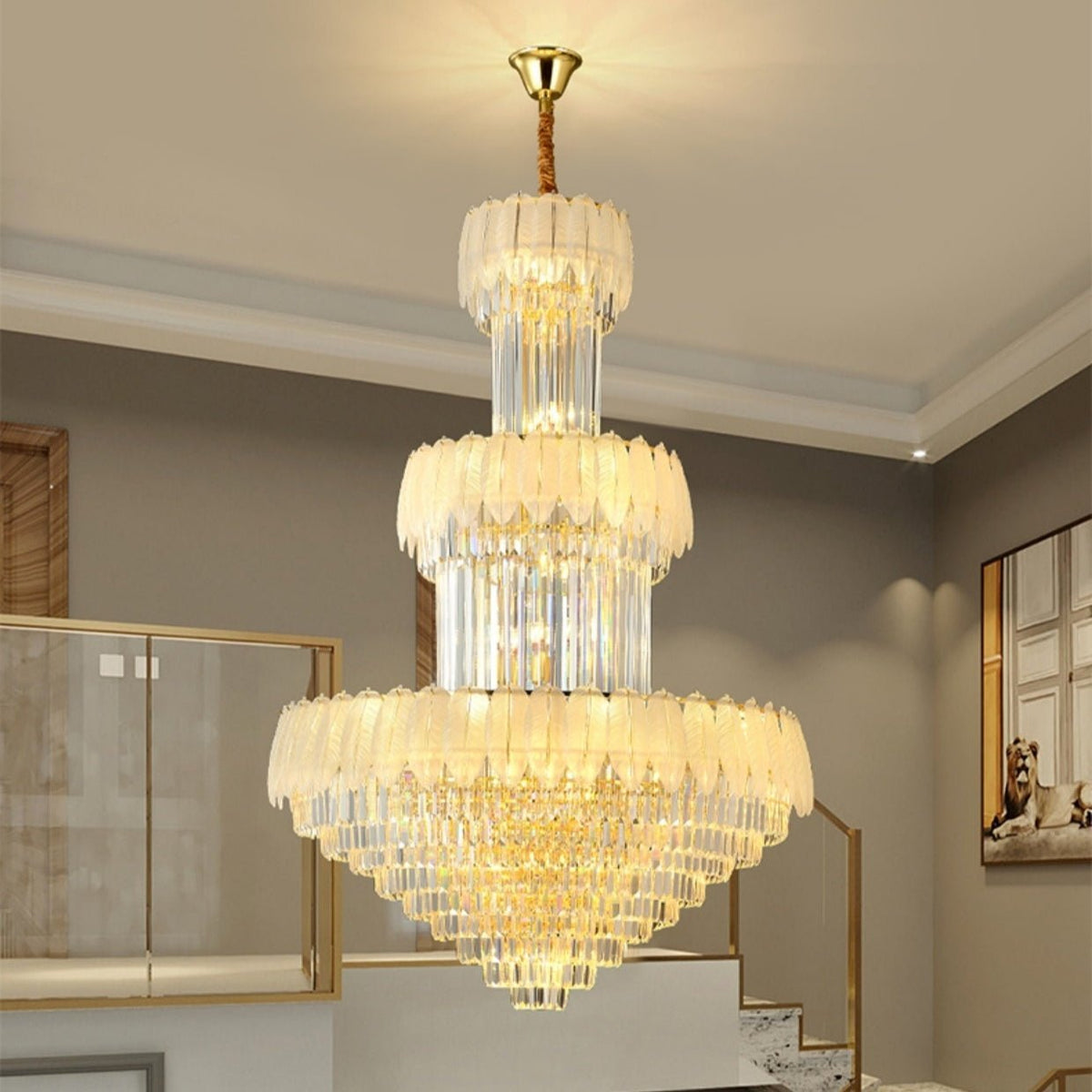Extra Large Crystal Feather Style Chandelier Long Foyer Staircase Ceiling Lighting Fixture For Living Room - Zelno Lighting