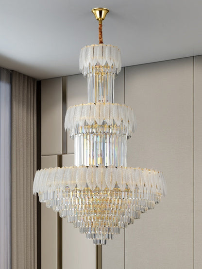 Extra Large Crystal Feather Style Chandelier Long Foyer Staircase Ceiling Lighting Fixture For Living Room - Zelno Lighting