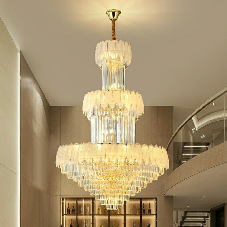 Extra Large Crystal Feather Style Chandelier Long Foyer Staircase Ceiling Lighting Fixture For Living Room - Zelno Lighting