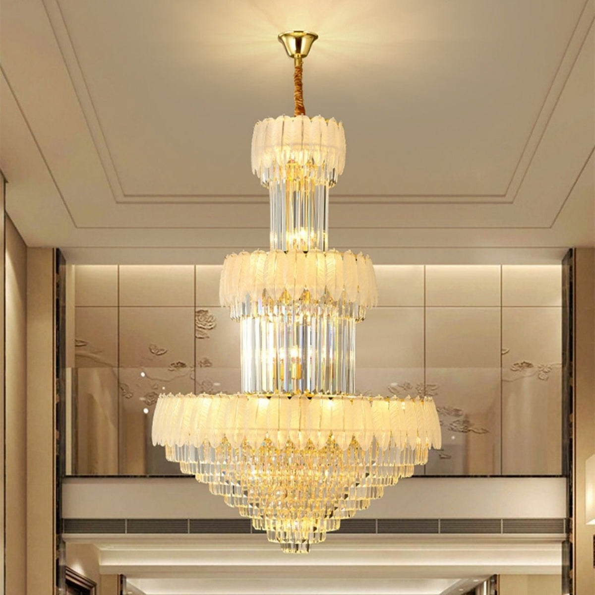 Extra Large Crystal Feather Style Chandelier Long Foyer Staircase Ceiling Lighting Fixture For Living Room - Zelno Lighting