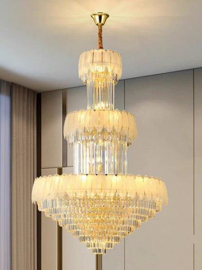Extra Large Crystal Feather Style Chandelier Long Foyer Staircase Ceiling Lighting Fixture For Living Room - Zelno Lighting