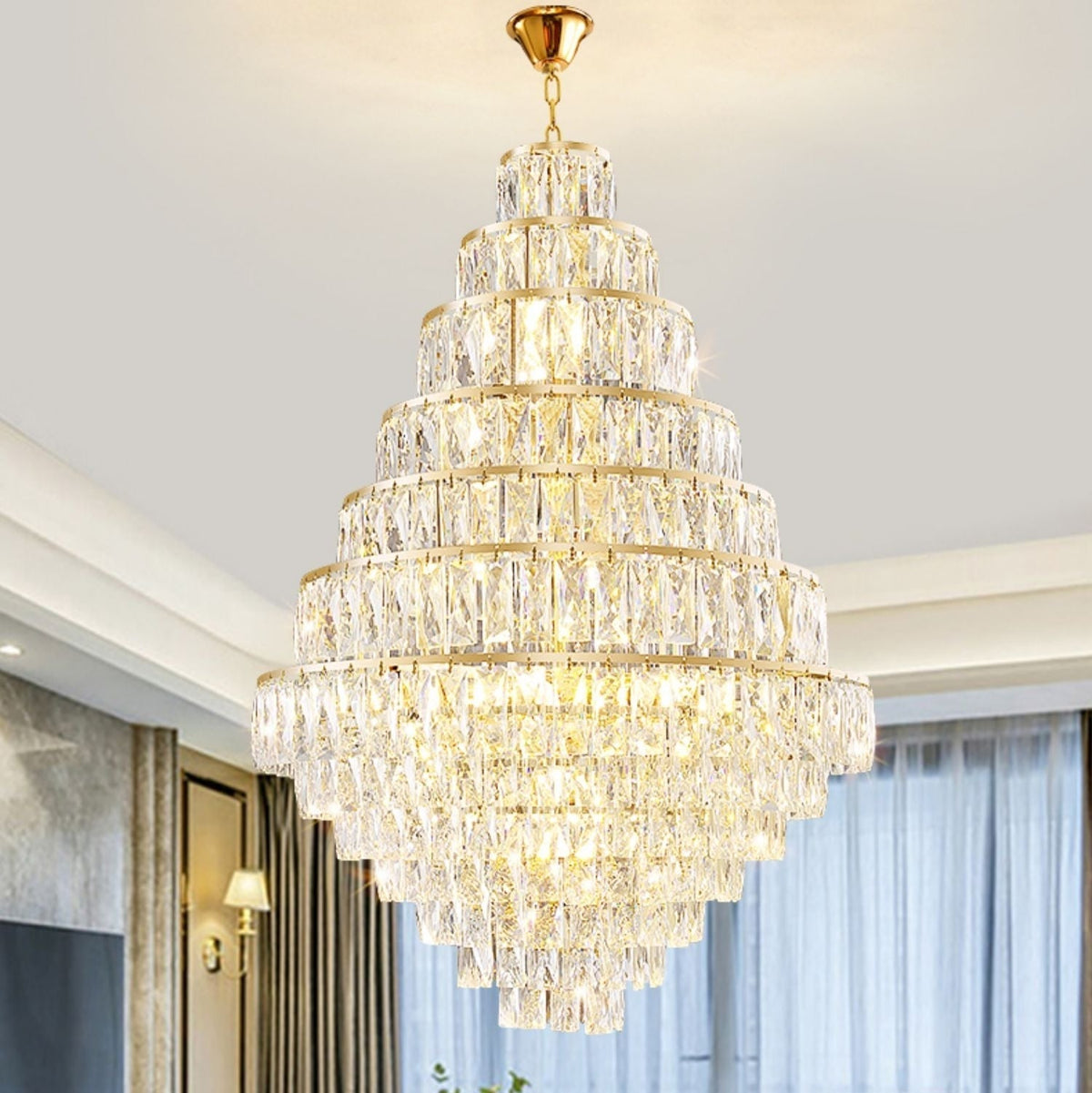 Extra Large Decorative Crystal Chandelier Foyer Hall Ceiling Light Fixture For Staircase In Gold/ Chrome - zelnolighting